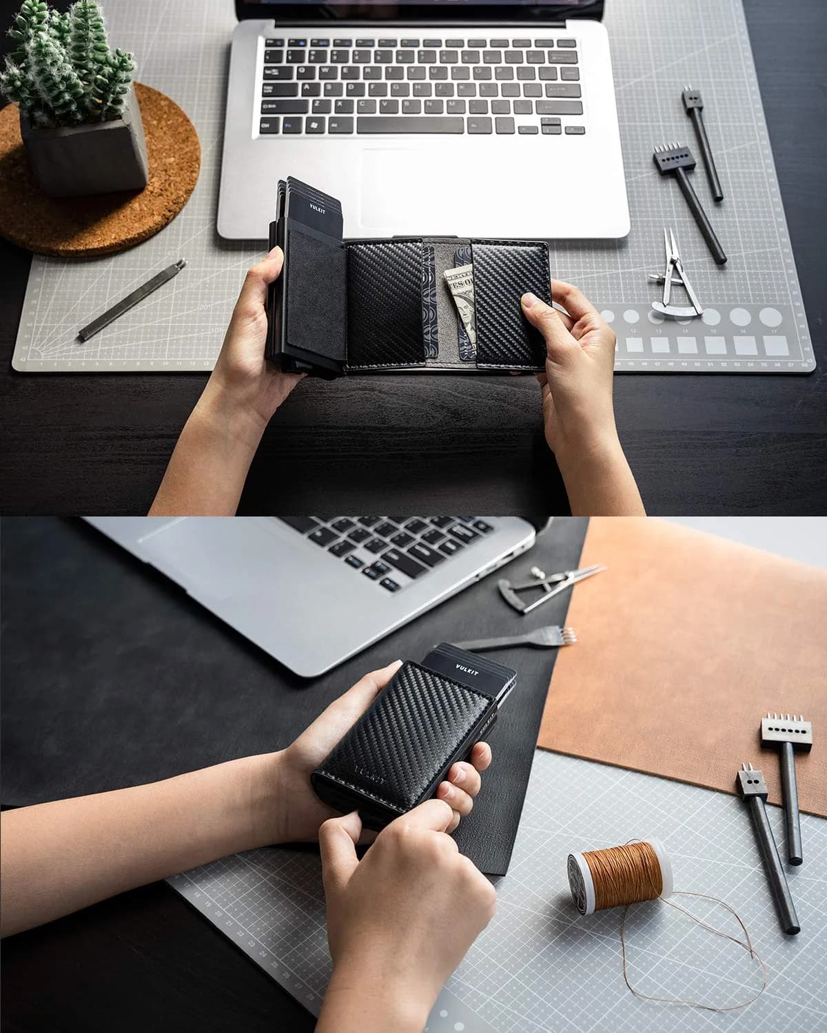VULKIT Pop Up Double Card Case 11.9cm (4.7in) | RFID Blocking Leather & Carbon Fiber - view 4