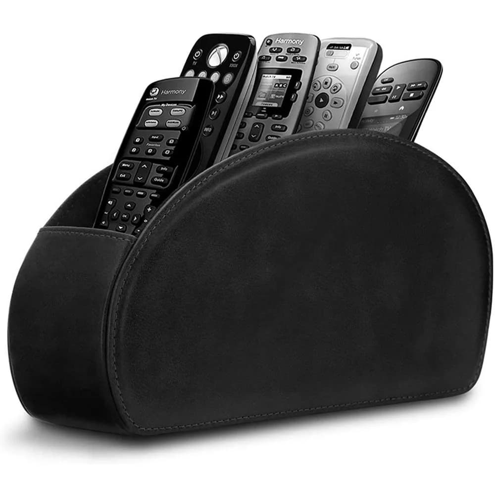 RHCSZ Black Leather Remote Control Holder with 5 Compartments | Desktop Organizer for TV, Media Player, Pen, Glasses