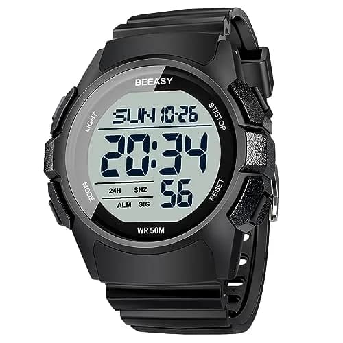 Beeasy Men's Digital Sports Watch 49mm Black | 50M Waterproof Stopwatch Countdown Timer Dual Time — Black
