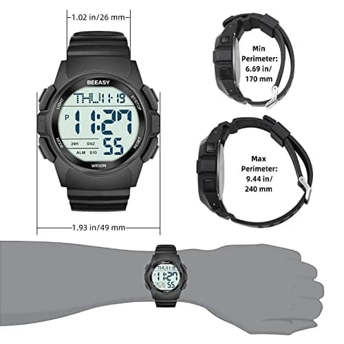 Beeasy Men's Digital Sports Watch 49mm Black | 50M Waterproof Stopwatch Countdown Timer Dual Time thumbnail 7