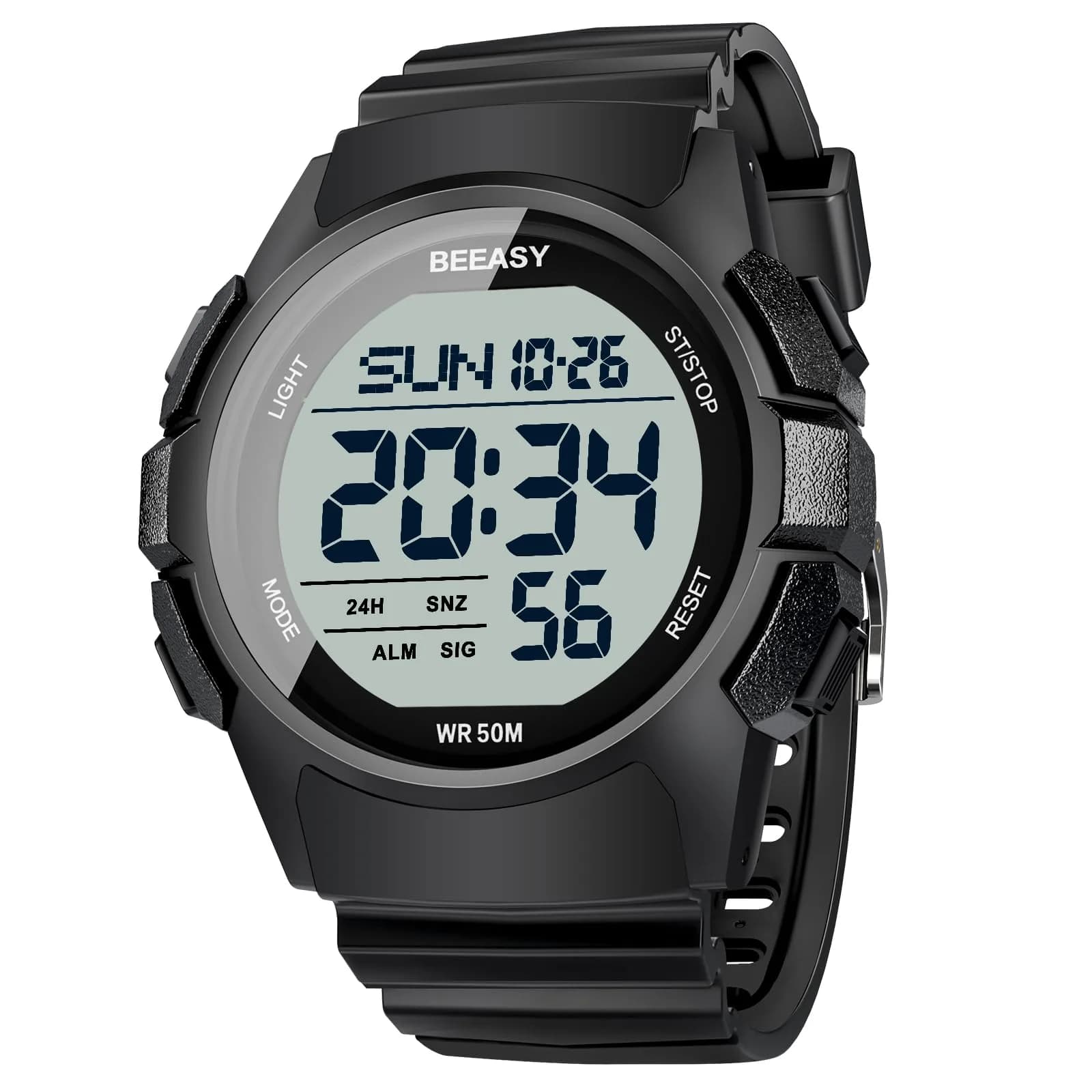 Beeasy Men's Digital Sports Watch 49mm Black | 50M Waterproof Stopwatch Countdown Timer Dual Time
