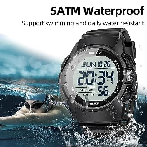 Beeasy Men's Digital Sports Watch 49mm Black | 50M Waterproof Stopwatch Countdown Timer Dual Time thumbnail 2
