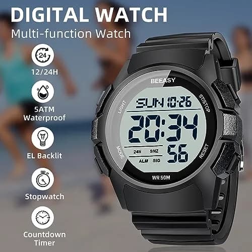 Beeasy Men's Digital Sports Watch 49mm Black | 50M Waterproof Stopwatch Countdown Timer Dual Time thumbnail 3
