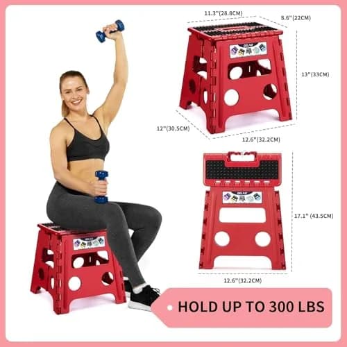 Delxo Folding Step Stool 13 Inch (33 cm) | Heavy Duty 300 lbs (136 kg) Capacity, Red thumbnail 2