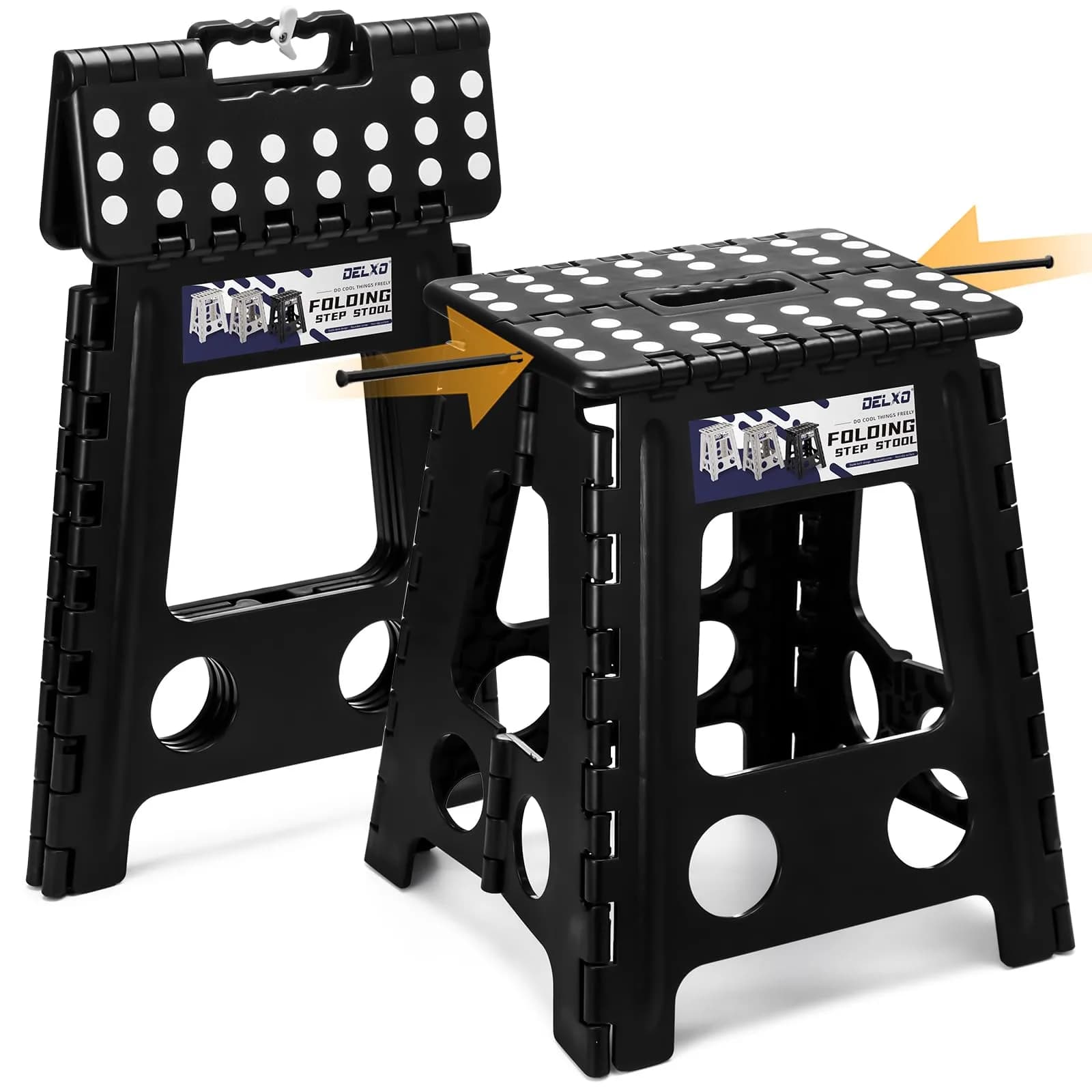 Delxo Folding Step Stool 9 inch (22.86 cm) | Extra Wide 15-inch Platform for Kids & Adults, 300 Lbs Capacity — Black / 16 Inch