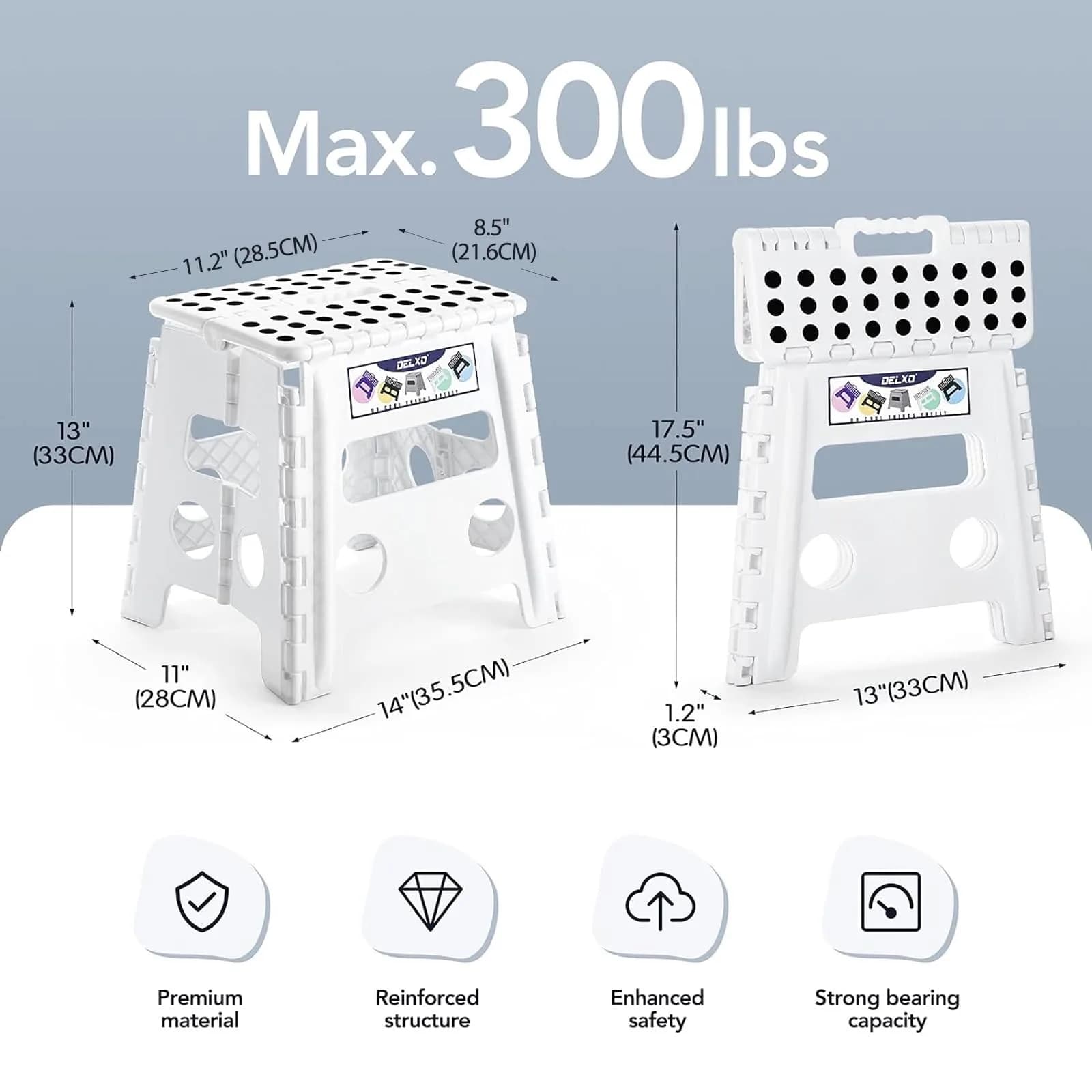 Delxo Folding Step Stool with Handle, 33cm (13 Inch) White Plastic Portable Step Stool for Kids and Adults | CPC Certified Safety - view 2