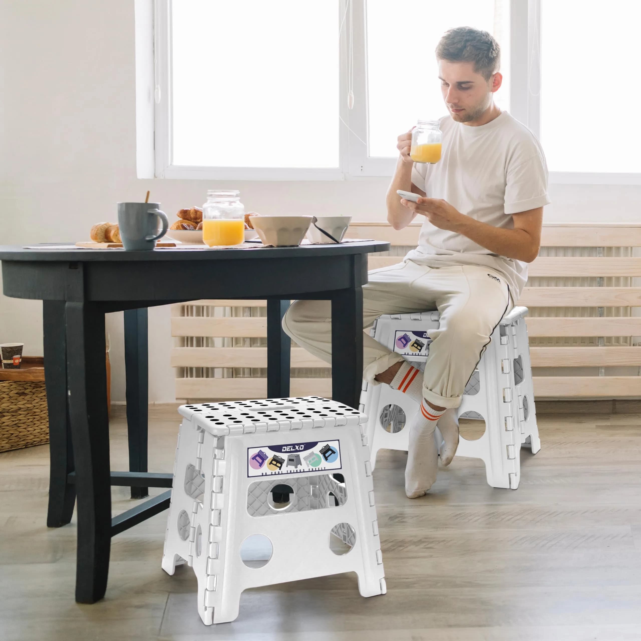 Delxo Folding Step Stool with Handle, 33cm (13 Inch) White Plastic Portable Step Stool for Kids and Adults | CPC Certified Safety - view 3