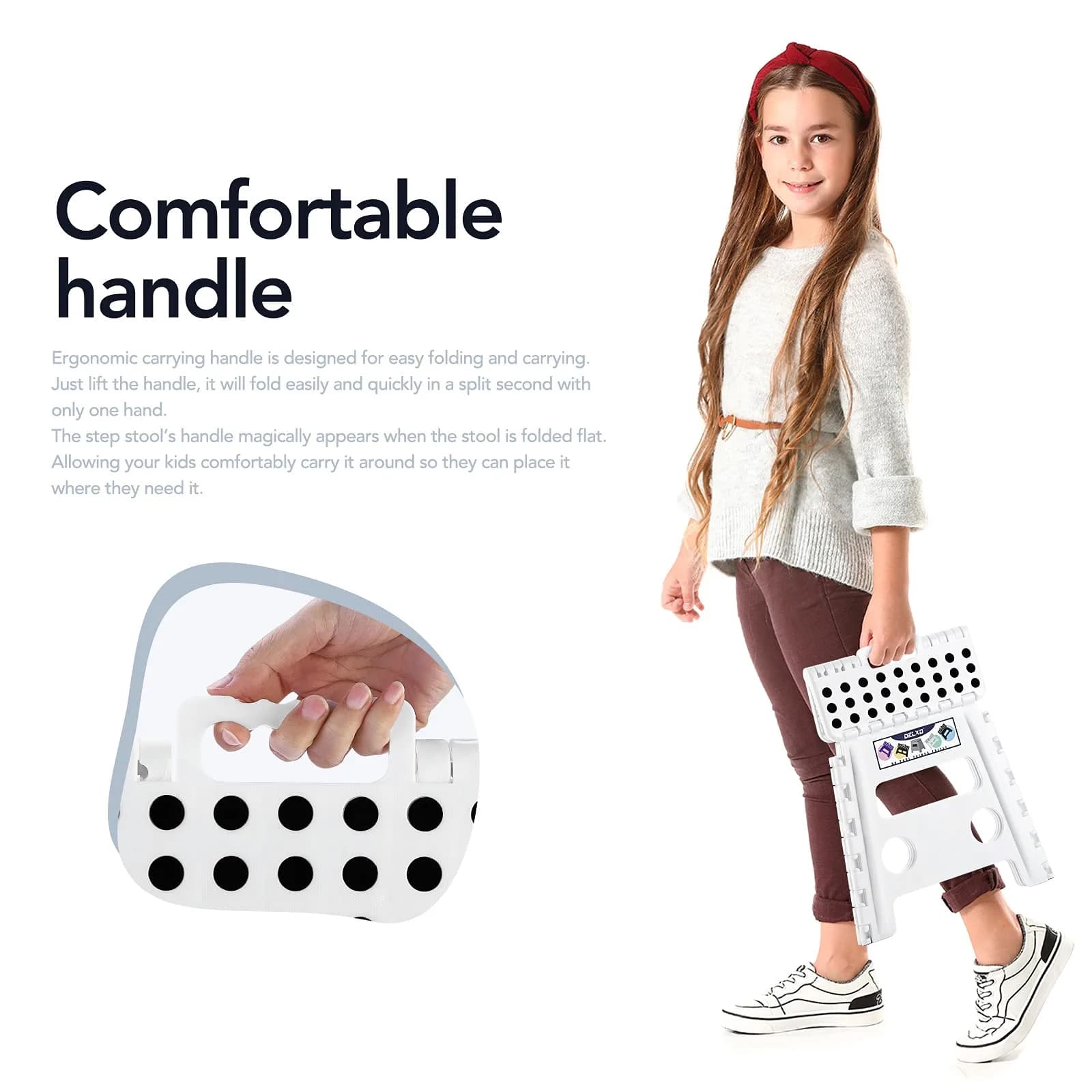 Delxo Folding Step Stool with Handle, 33cm (13 Inch) White Plastic Portable Step Stool for Kids and Adults | CPC Certified Safety - view 4