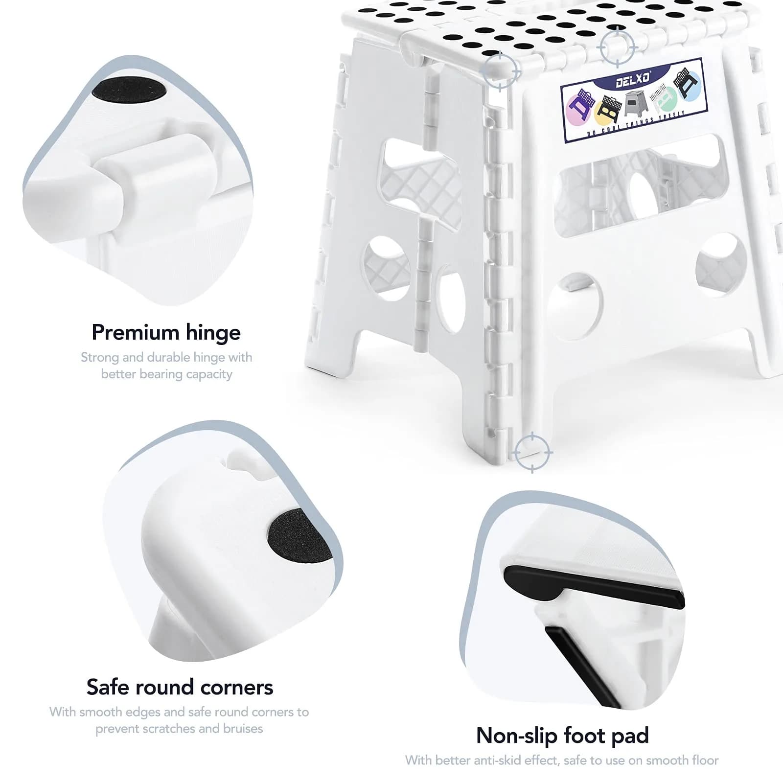 Delxo Folding Step Stool with Handle, 33cm (13 Inch) White Plastic Portable Step Stool for Kids and Adults | CPC Certified Safety - view 7