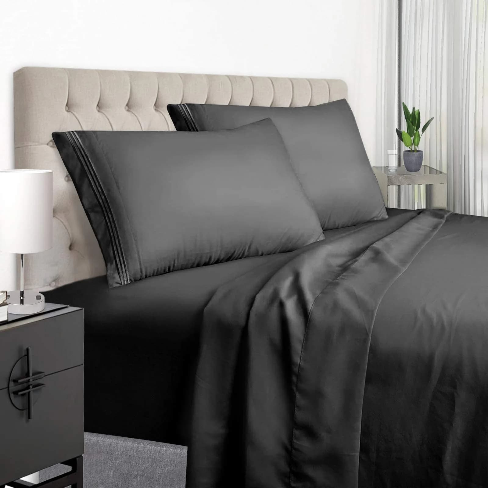 EaseHome Queen Size Bed Sheets Set - Extra Soft Microfiber, 18 inch Deep Pocket, Wrinkle & Fade Resistant, Hypoallergenic (Queen,Black) — Black