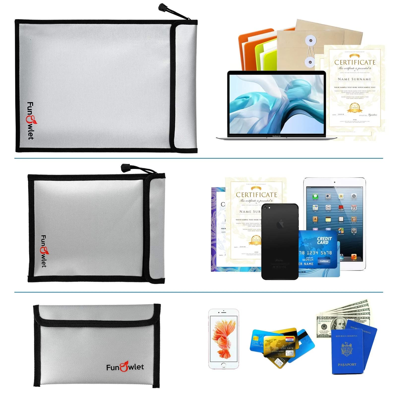 FunOwlet Fireproof Waterproof Document Bag 3-Pack | 360° Protection for A4/A5 Documents, Cash, Passports - view 5