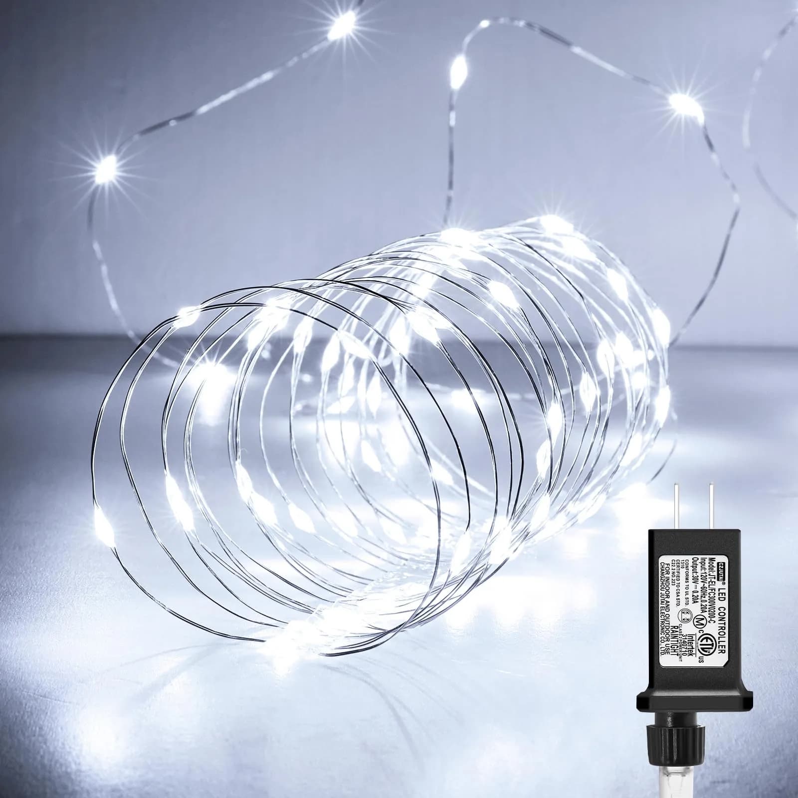 Minetom 99ft 300 LED Pure White Fairy Lights | Steady On, IP44 Waterproof Silver Wire — Pure White