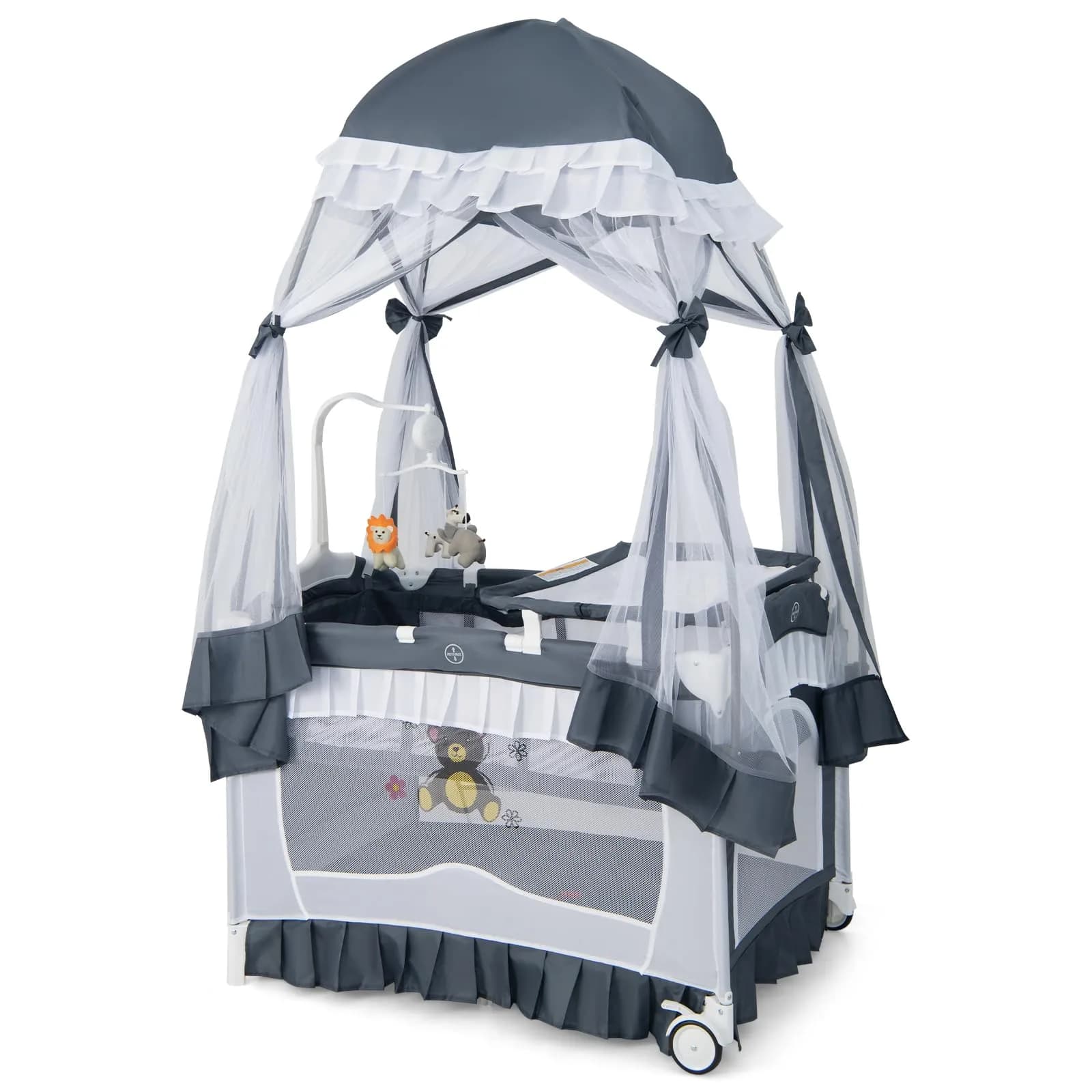 HONEY JOY 4-in-1 Pack and Play with Canopy, Portable Baby Playard w/Changing Table and Infant Bassinet, Foldable for Newborn & Toddler (Gray) | Multi-Function Baby Furniture — Gray