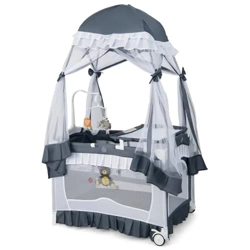 HONEY JOY 4-in-1 Pack and Play with Canopy, Portable Baby Playard w/Changing Table and Infant Bassinet, Foldable for Newborn & Toddler (Gray) | Multi-Function Baby Furniture thumbnail 1