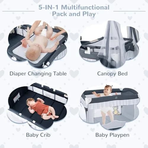 HONEY JOY 4-in-1 Pack and Play with Canopy, Portable Baby Playard w/Changing Table and Infant Bassinet, Foldable for Newborn & Toddler (Gray) | Multi-Function Baby Furniture thumbnail 4