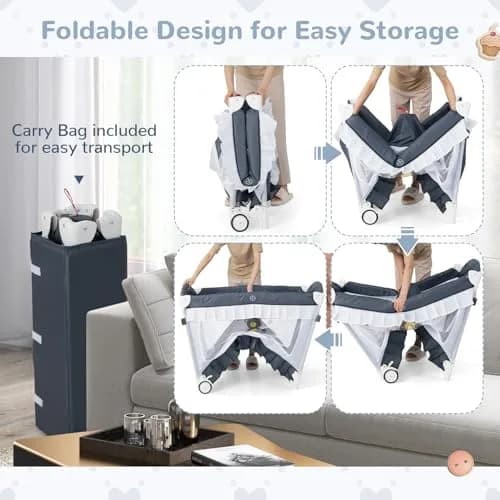 HONEY JOY 4-in-1 Pack and Play with Canopy, Portable Baby Playard w/Changing Table and Infant Bassinet, Foldable for Newborn & Toddler (Gray) | Multi-Function Baby Furniture thumbnail 6