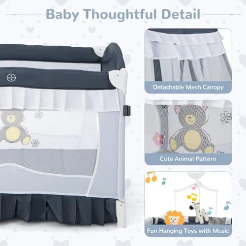 HONEY JOY 4-in-1 Pack and Play with Canopy, Portable Baby Playard w/Changing Table and Infant Bassinet, Foldable for Newborn & Toddler (Gray) | Multi-Function Baby Furniture thumbnail 7