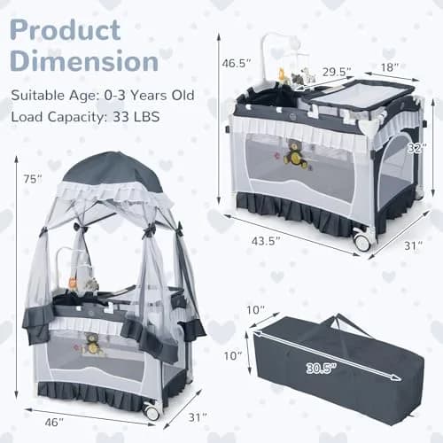 HONEY JOY 4-in-1 Pack and Play with Canopy, Portable Baby Playard w/Changing Table and Infant Bassinet, Foldable for Newborn & Toddler (Gray) | Multi-Function Baby Furniture thumbnail 8
