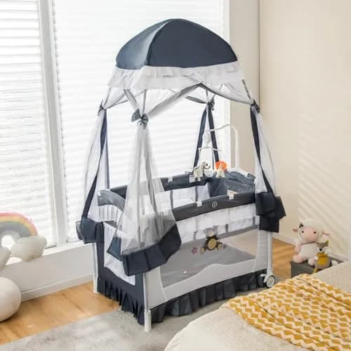 HONEY JOY 4-in-1 Pack and Play with Canopy, Portable Baby Playard w/Changing Table and Infant Bassinet, Foldable for Newborn & Toddler (Gray) | Multi-Function Baby Furniture thumbnail 2