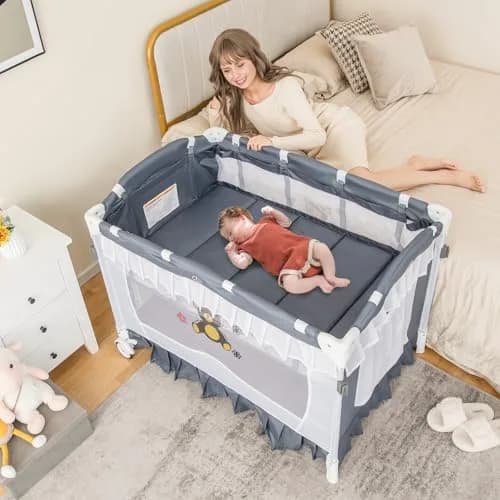 HONEY JOY 4-in-1 Pack and Play with Canopy, Portable Baby Playard w/Changing Table and Infant Bassinet, Foldable for Newborn & Toddler (Gray) | Multi-Function Baby Furniture thumbnail 3