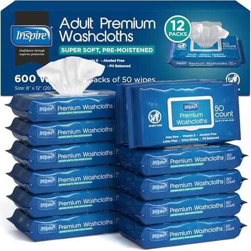Inspire Adult Wet Wipes, Wash Cloths | Hypoallergenic, Aloe Vera, 600 Count, 8"x12" | For Incontinence & Cleansing thumbnail 1