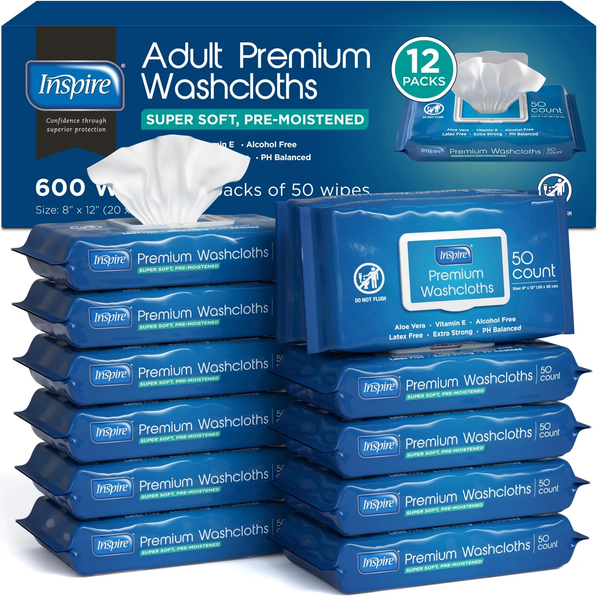 Inspire Adult Wet Wipes, Wash Cloths | Hypoallergenic, Aloe Vera, 600 Count, 8"x12" | For Incontinence & Cleansing