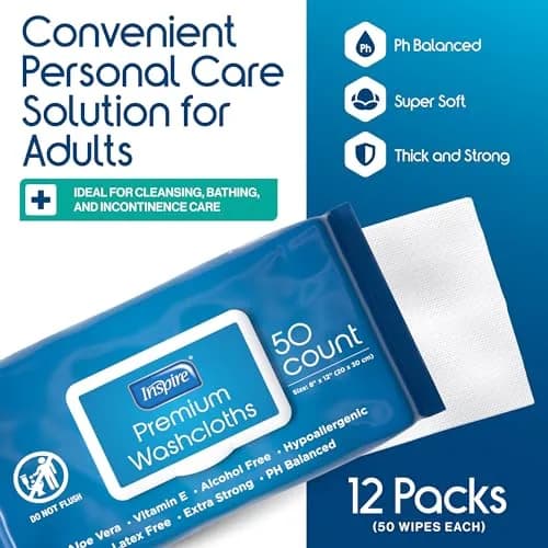 Inspire Adult Wet Wipes, Wash Cloths | Hypoallergenic, Aloe Vera, 600 Count, 8"x12" | For Incontinence & Cleansing thumbnail 8