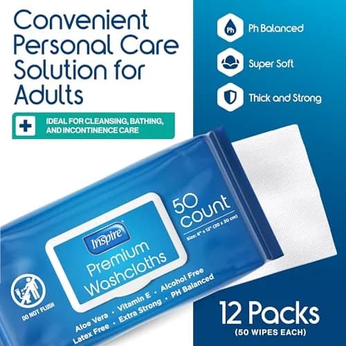 Inspire Adult Wet Wipes, Wash Cloths | Hypoallergenic, Aloe Vera, 600 Count, 8"x12" | For Incontinence & Cleansing thumbnail 2