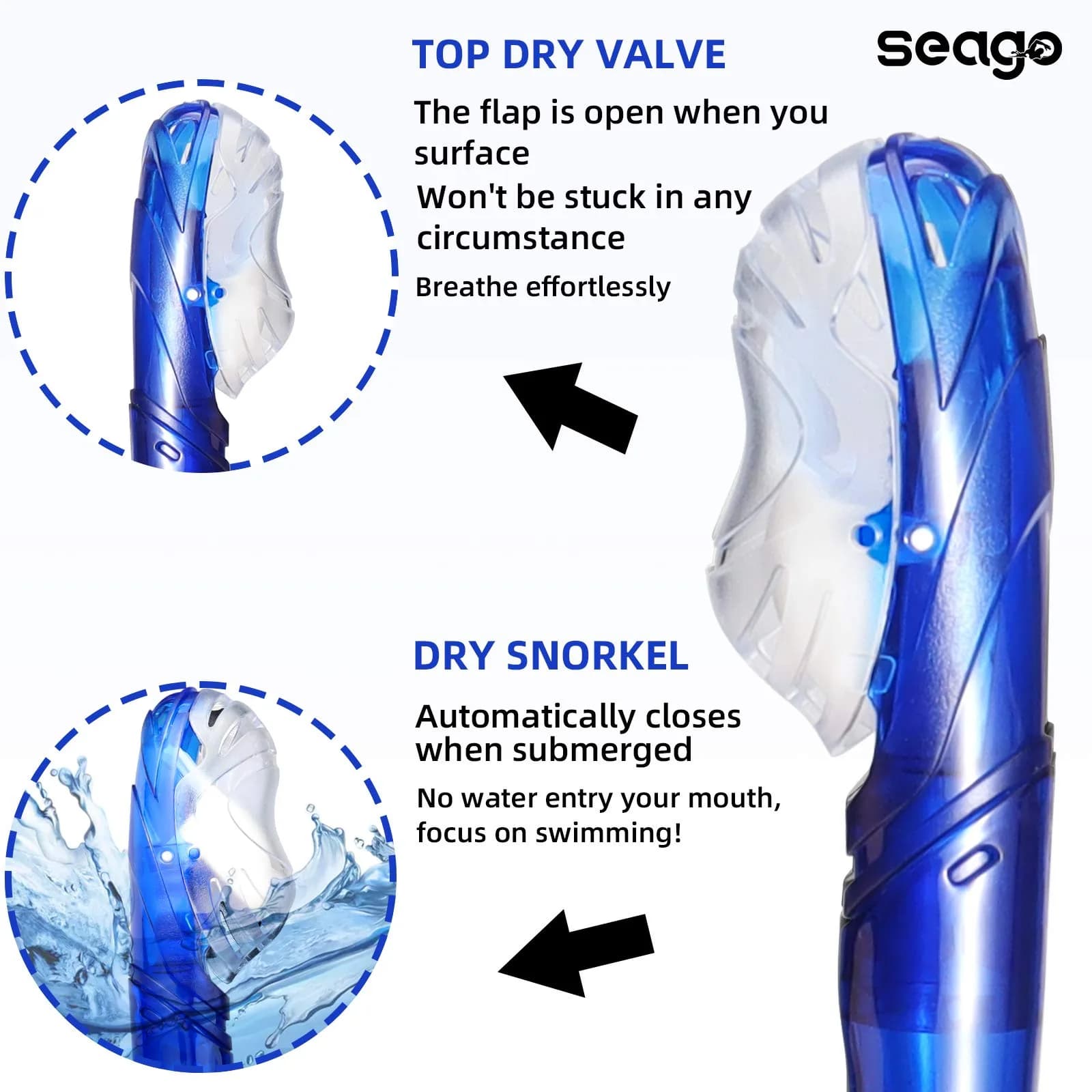 Seago Dry Top Swim Snorkel for Lap Swimming - Blue | 0.28 kg (0.62 lb) - view 7