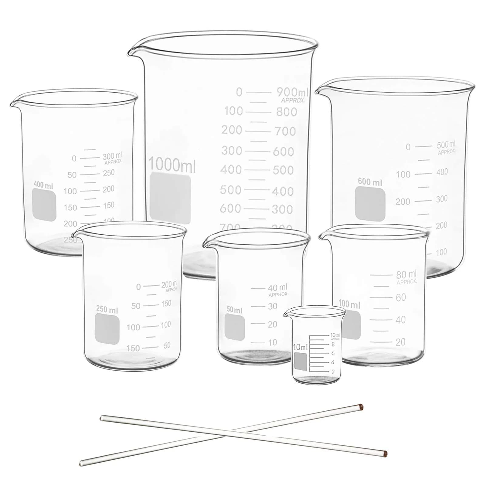 Ronyes Lifescience Borosilicate Glass Beaker Set 7 Pcs, 10-1000 mL | Heat & Chemical Resistant - main product image