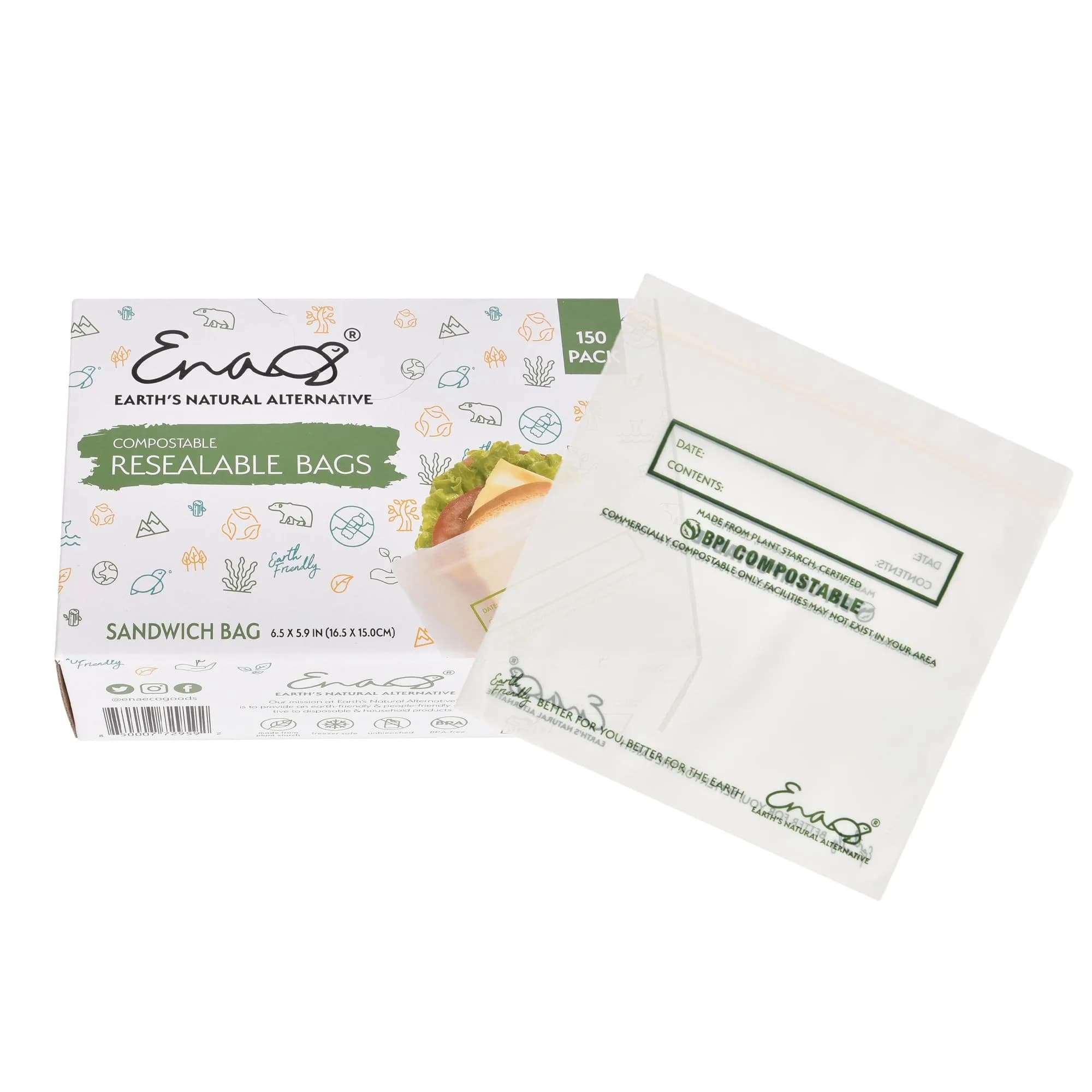 Earth's Natural Alternative Compostable Food Storage Bags Sandwich Size 150 Pack | Plant-Based & BPI Certified