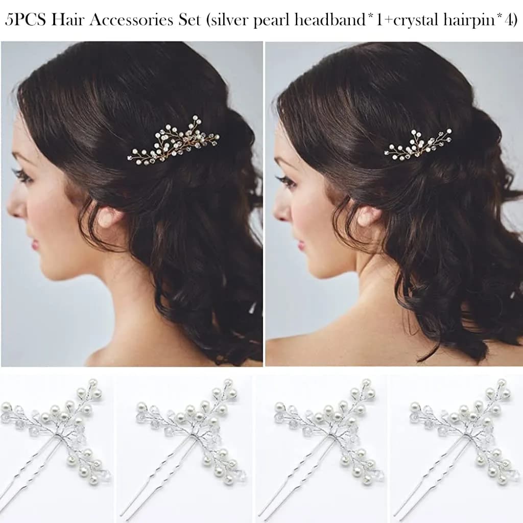 SNOWIE SOFT Pearl Bridal Hair Accessories Set with Crystal Hair Pins | 50cm Headband & 4 Hairpins - view 4