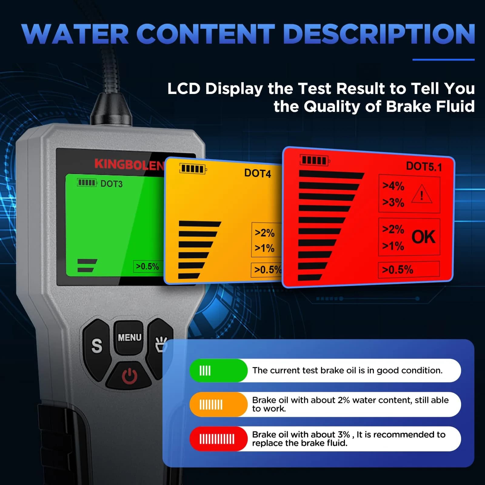 KINGBOLEN BF200 Brake Fluid Tester | High Precision Moisture Analyzer with LCD Screen & Audible Alarm - view 5