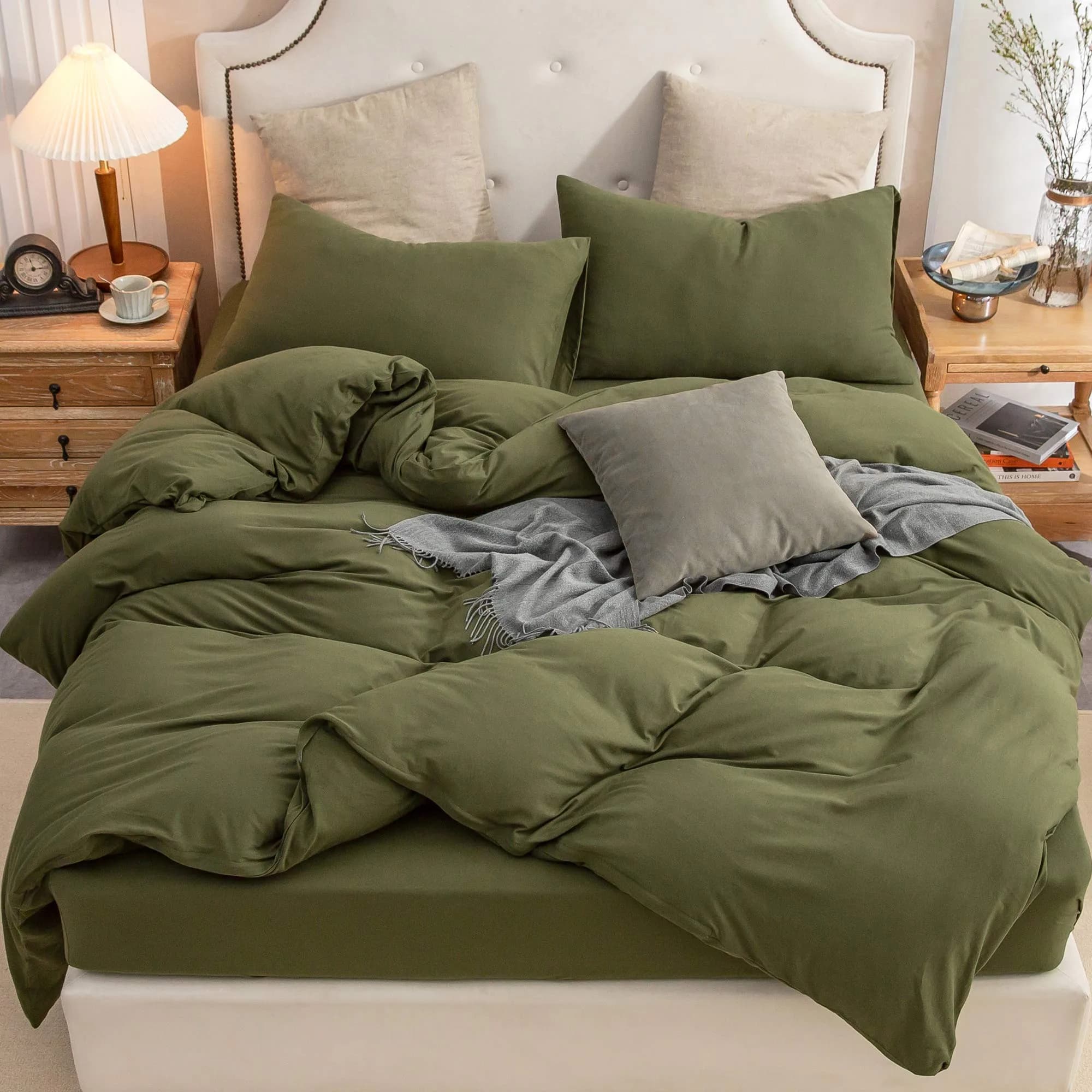 PURE ERA Jersey Knit Duvet Cover Set Solid Olive Green King | Ultra Soft Cotton, All Seasons — Solid Olive Green(no Comforter)