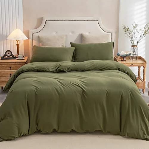 PURE ERA Jersey Knit Duvet Cover Set Solid Olive Green King | Ultra Soft Cotton, All Seasons thumbnail 6