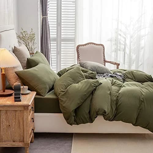 PURE ERA Jersey Knit Duvet Cover Set Solid Olive Green King | Ultra Soft Cotton, All Seasons thumbnail 3