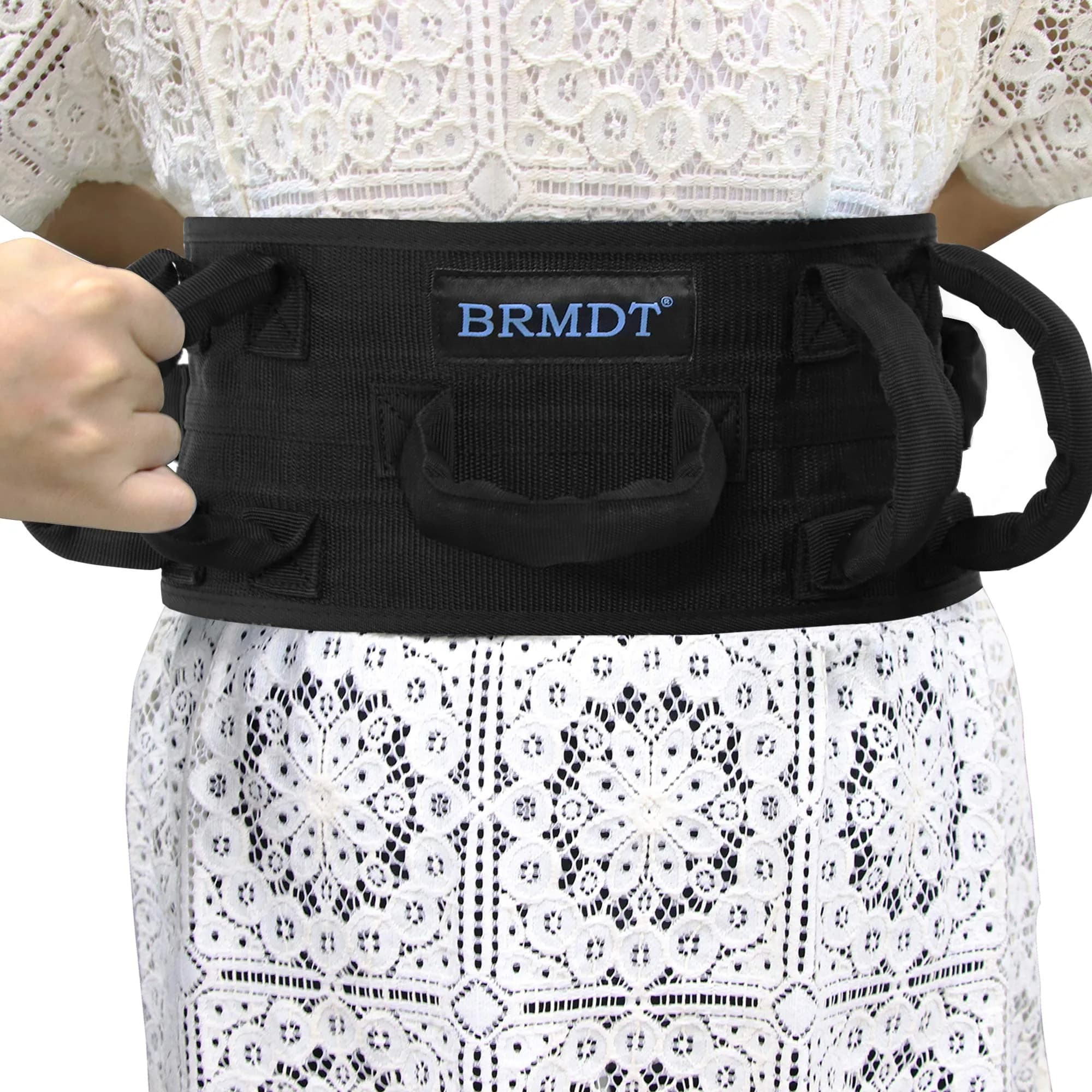 BRMDT Gait Belt with 7 Padded Handles & 5.4" Wide Nylon Webbing, Adjustable 31.5-54in (250lbs Capacity) | Medical Patient Mobility Aid — Black ( Padded Handle )