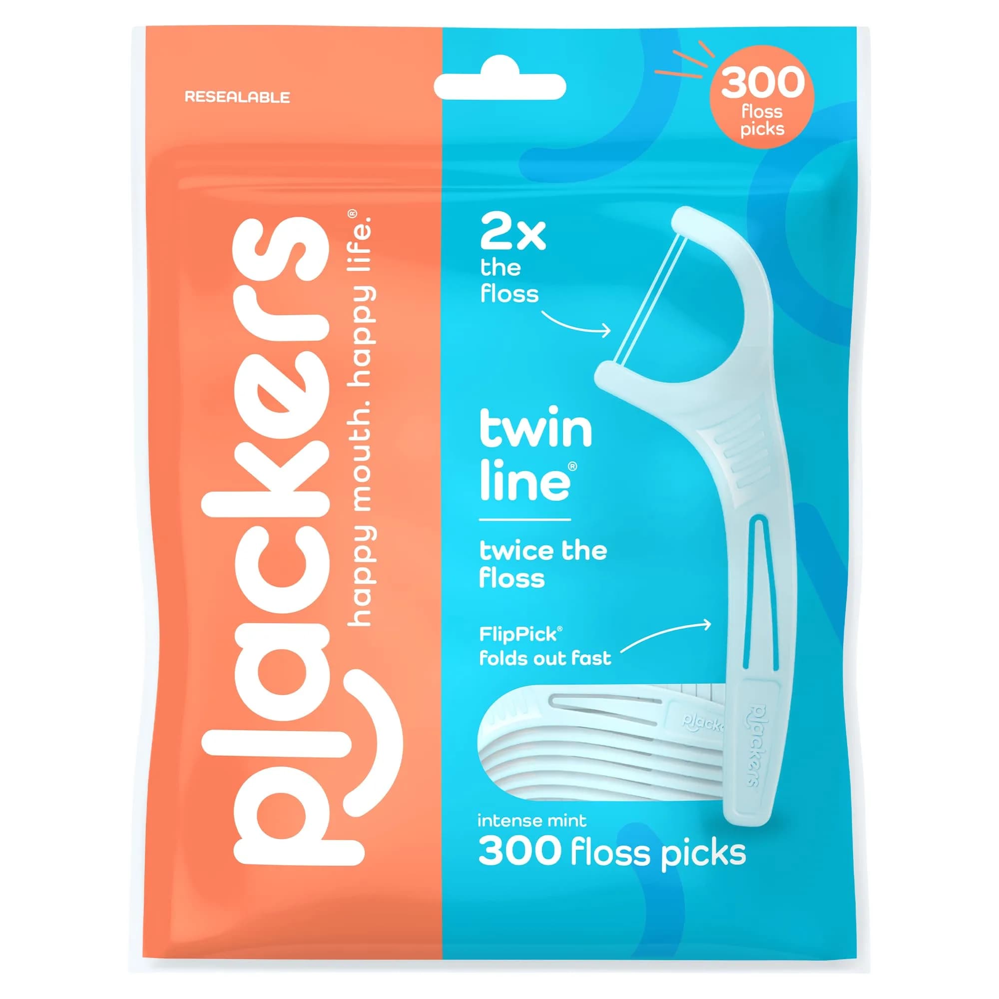Plackers Twin Line Floss Picks, Intense Mint, 300 Count | Double Floss Surface, PTFE-Free, FlipPick & QuickFix Grip for Fresh Breath — Dental Flossers