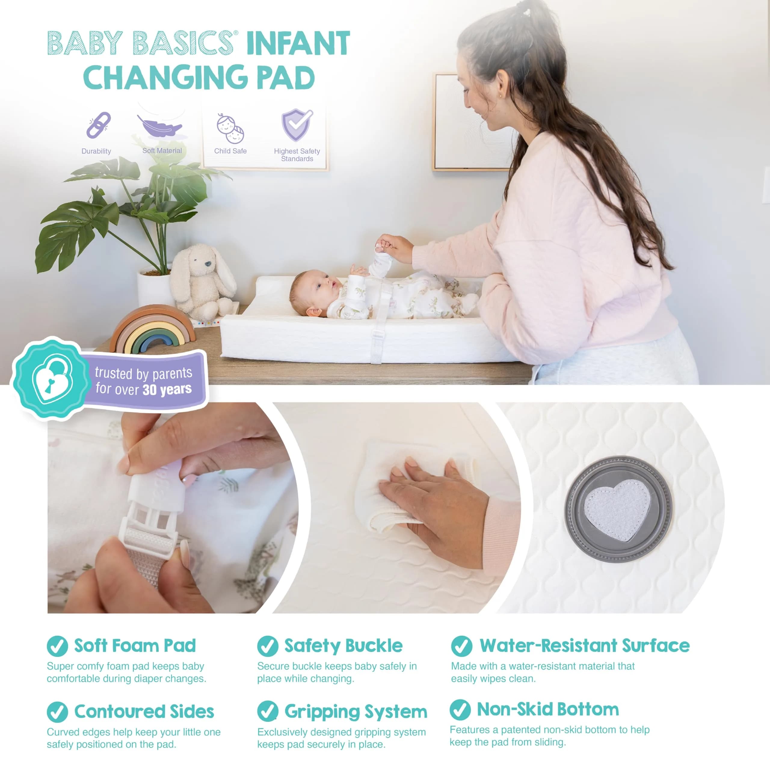 Regalo Baby Basics Contoured Changing Pad with Non-Slip Grip & Safety Strap, White | 80cm x 40cm x 10cm (31" x 16" x 4") - view 5