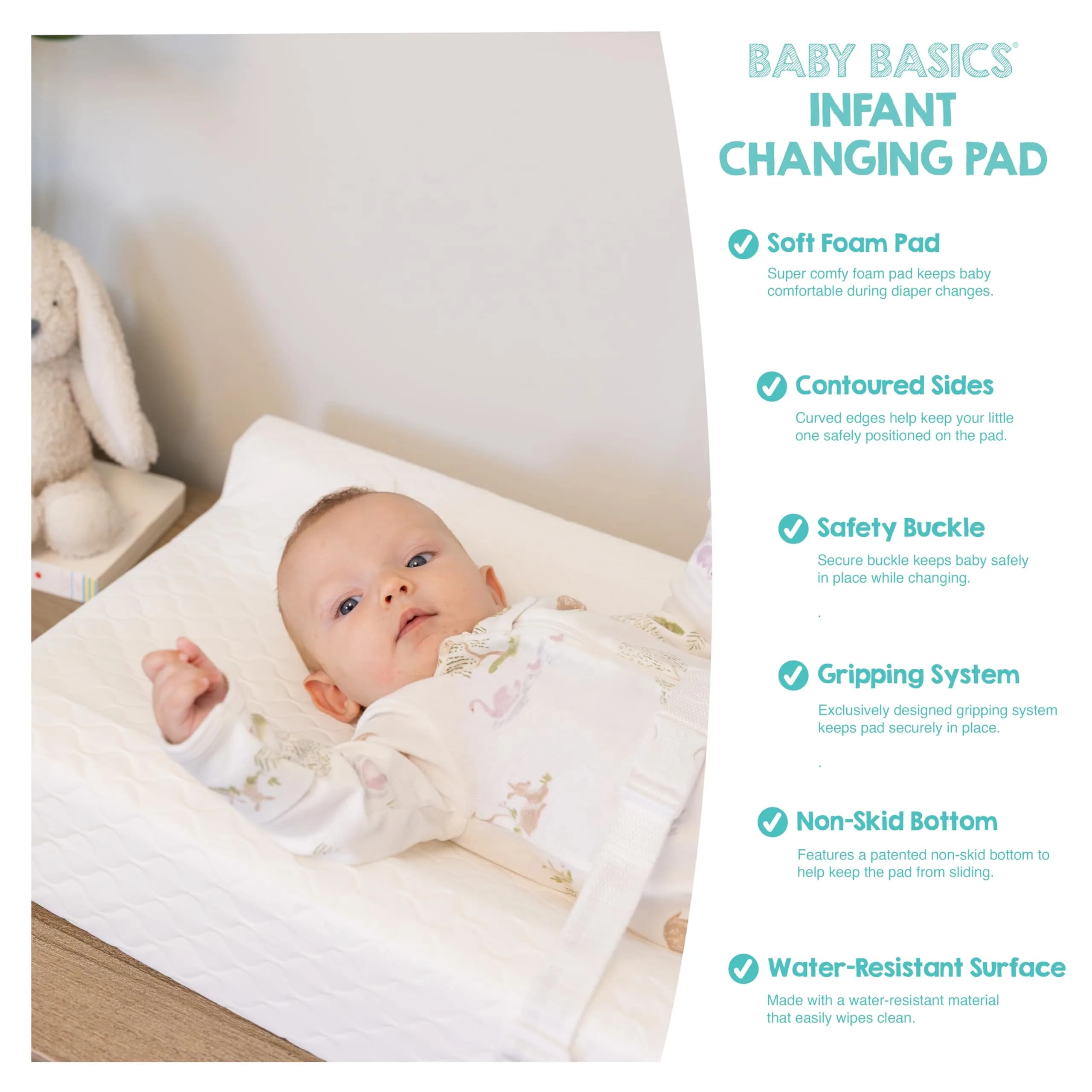 Regalo Baby Basics Contoured Changing Pad with Non-Slip Grip & Safety Strap, White | 80cm x 40cm x 10cm (31" x 16" x 4") - view 6