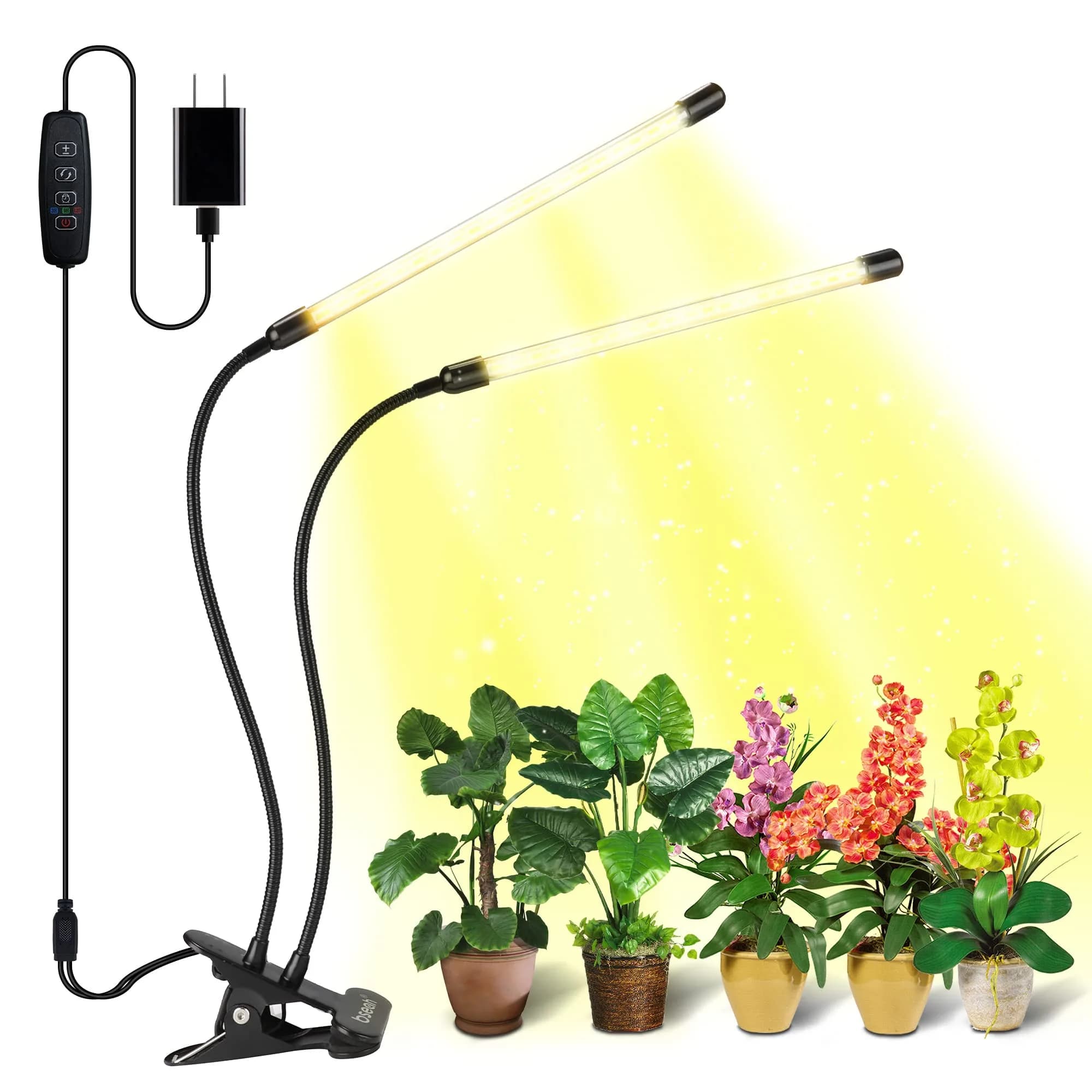 Bseah Full Spectrum LED Grow Light for Indoor Plants, 3-Head Clip-On Lamp with Timer & Dimmable Brightness | 15W (E26 Base) — Yellow＆White（2 Tubes）