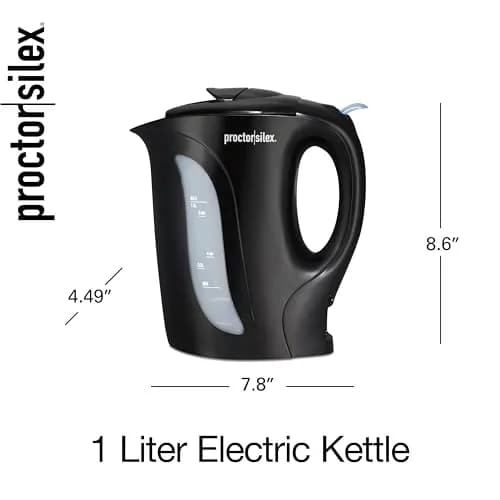 Proctor Silex 1 Liter Electric Tea Kettle Water Boiler & Heater | Fast Boiling 1000W, Detachable Cord, Auto Shutoff, Boil-Dry Protection, Black thumbnail 7
