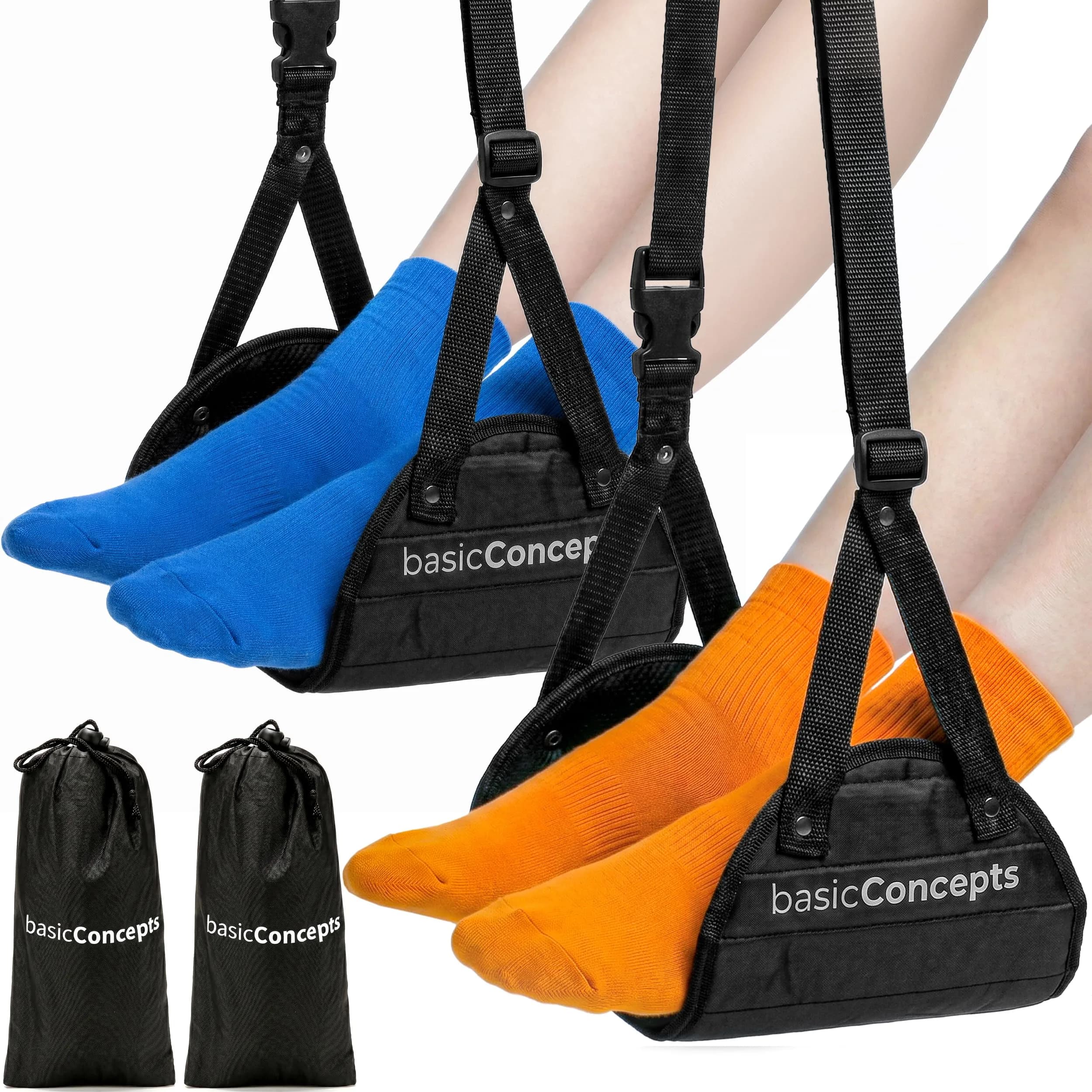 BASIC CONCEPTS Airplane Adjustable Foot Hammock (2 Pack, Black) | Memory Foam Travel Footrest for Office & Flights — Black