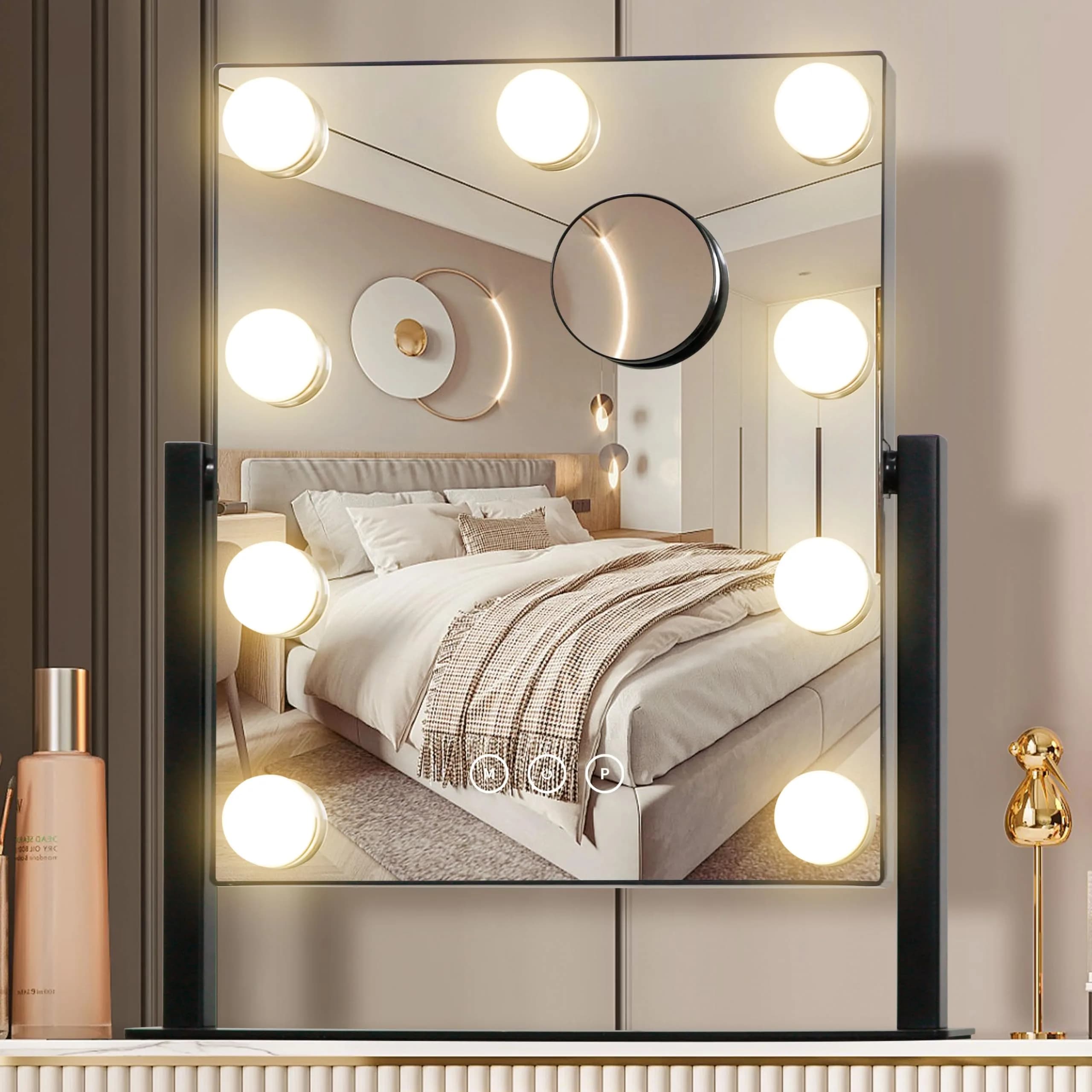 NUSVAN Makeup Vanity Mirror with Lights, 9 Dimmable LED Bulbs, 3 Color Modes, 10X Magnification, Touch Control, 360° Rotation | Elegant Bedroom Essential