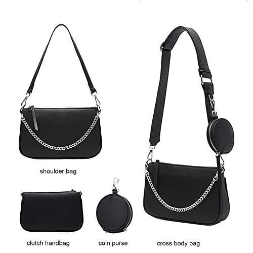 AMHDV Women's 3-in-1 Crossbody Bag with Coin Purse & Chain Handle - Black | 26.4cm (10.4") thumbnail 4