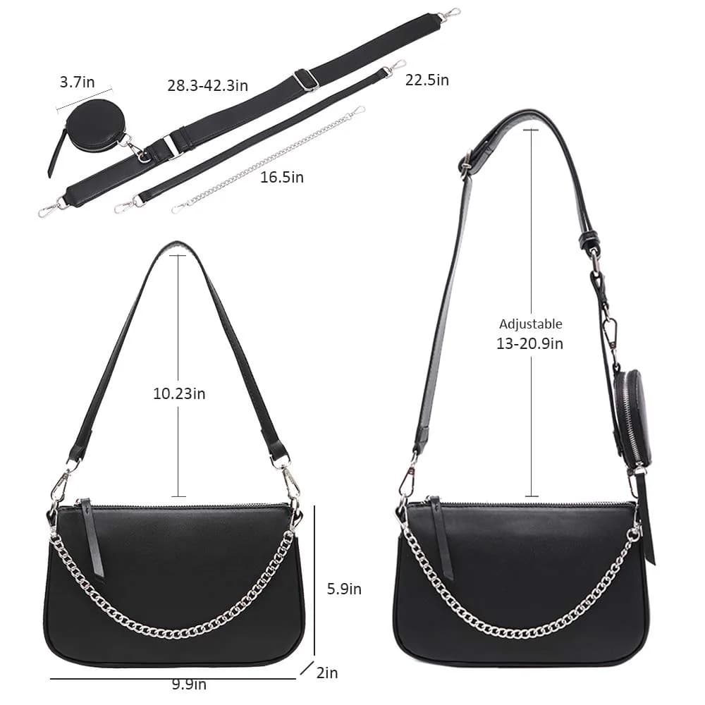 AMHDV Women's 3-in-1 Crossbody Bag with Coin Purse & Chain Handle - Black | 26.4cm (10.4") - view 6