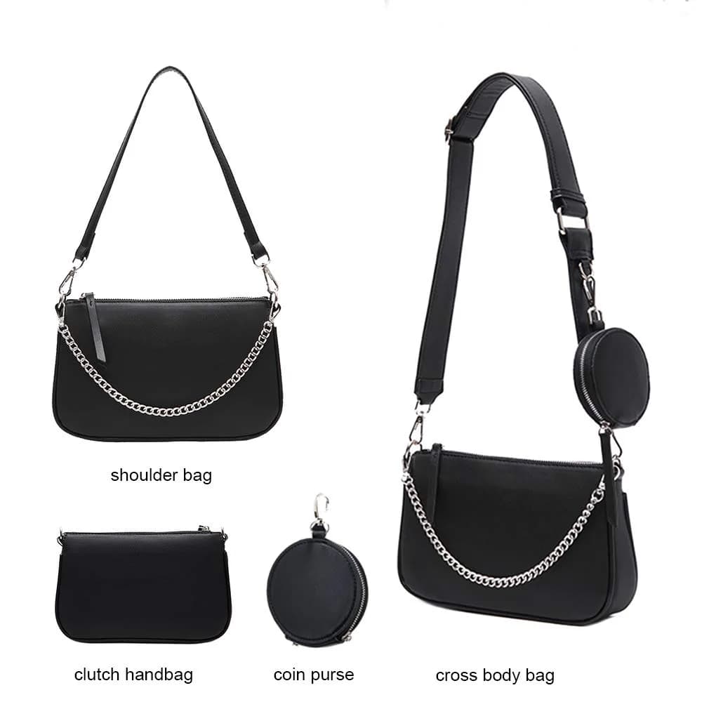 AMHDV Women's 3-in-1 Crossbody Bag with Coin Purse & Chain Handle - Black | 26.4cm (10.4") - view 4