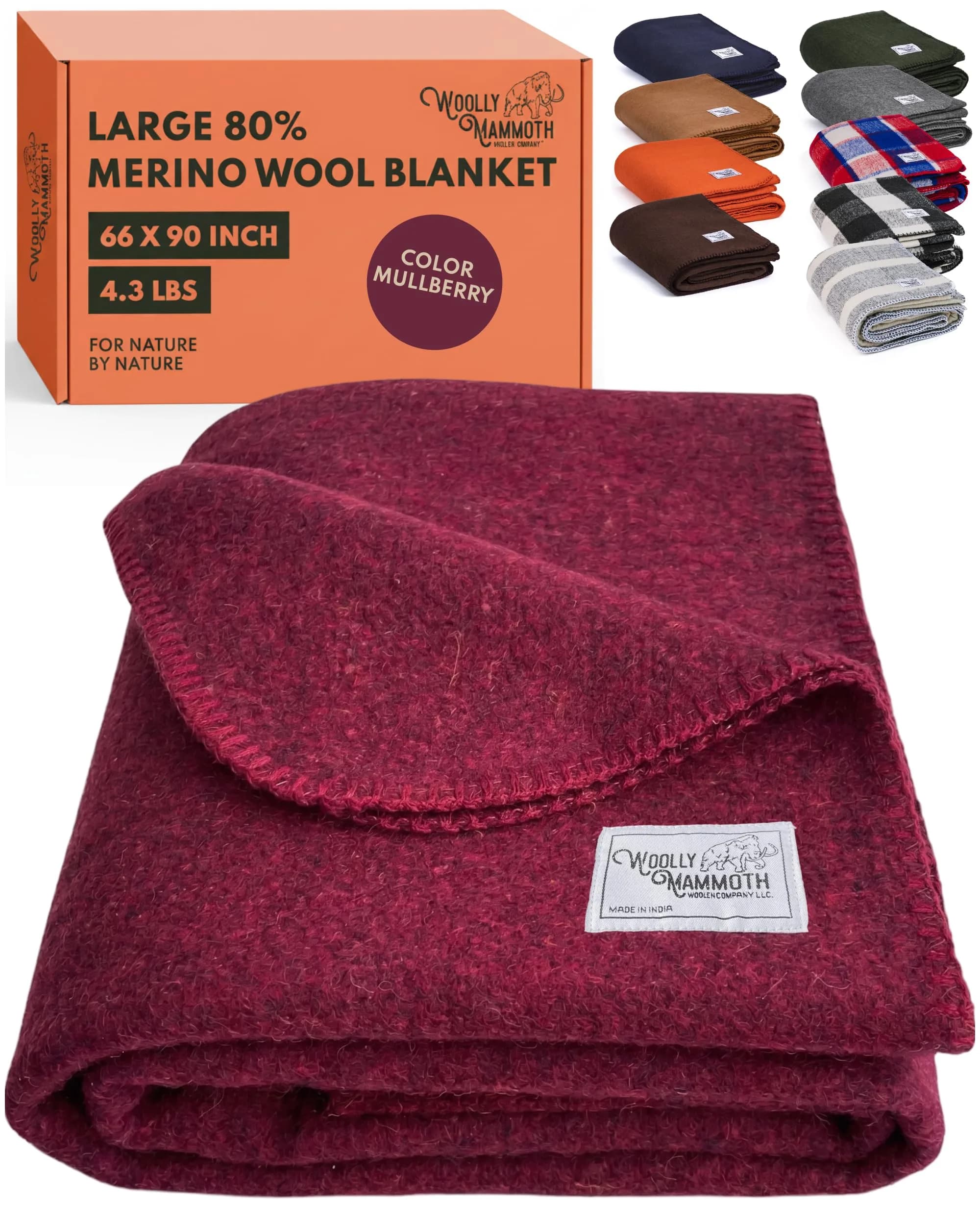 Woolly Mammoth Merino Wool Blanket, Fall Camping Blanket, 66"x90" Mulberry | Warm, Durable & Moisture-Wicking