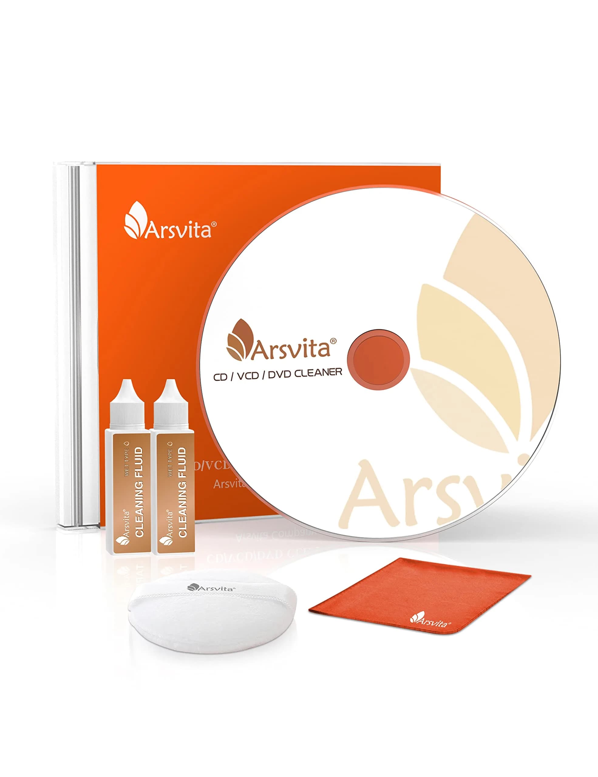 Arsvita Laser Lens Cleaner Disc Cleaning Set for CD/VCD/DVD Player, Safe and Effective, ARCD-04 | 1 Cleaner Disc, 1 Cloth, 1 Brush, 2 Fluids - main product image