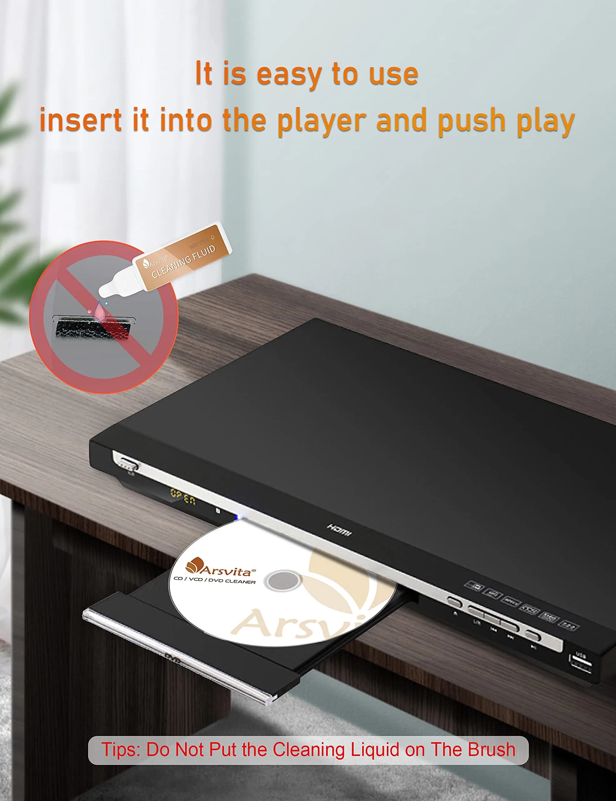 Arsvita Laser Lens Cleaner Disc Cleaning Set for CD/VCD/DVD Player, Safe and Effective, ARCD-04 | 1 Cleaner Disc, 1 Cloth, 1 Brush, 2 Fluids - view 3